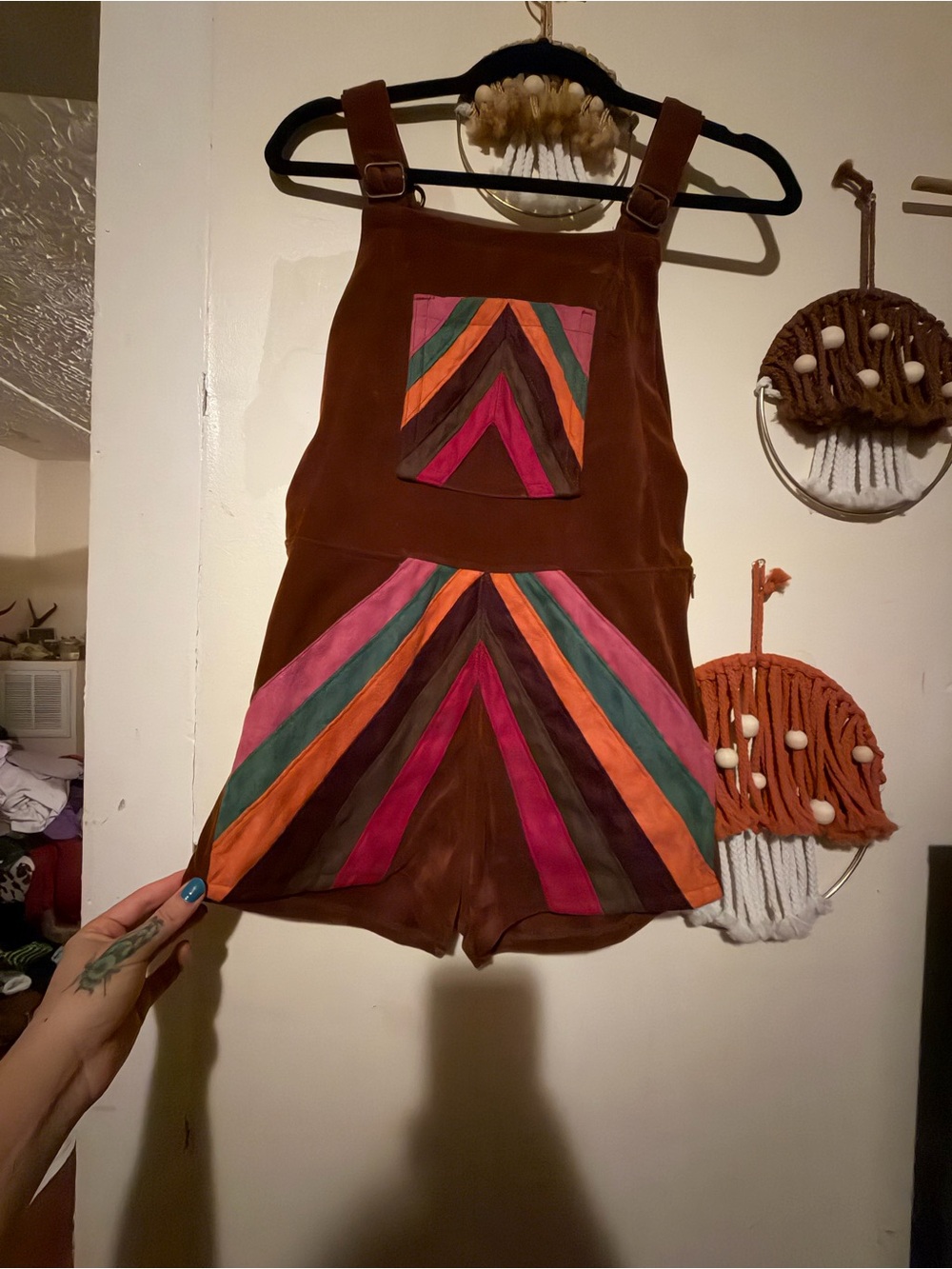 Suede Overalls with Colorful Chevron Inset